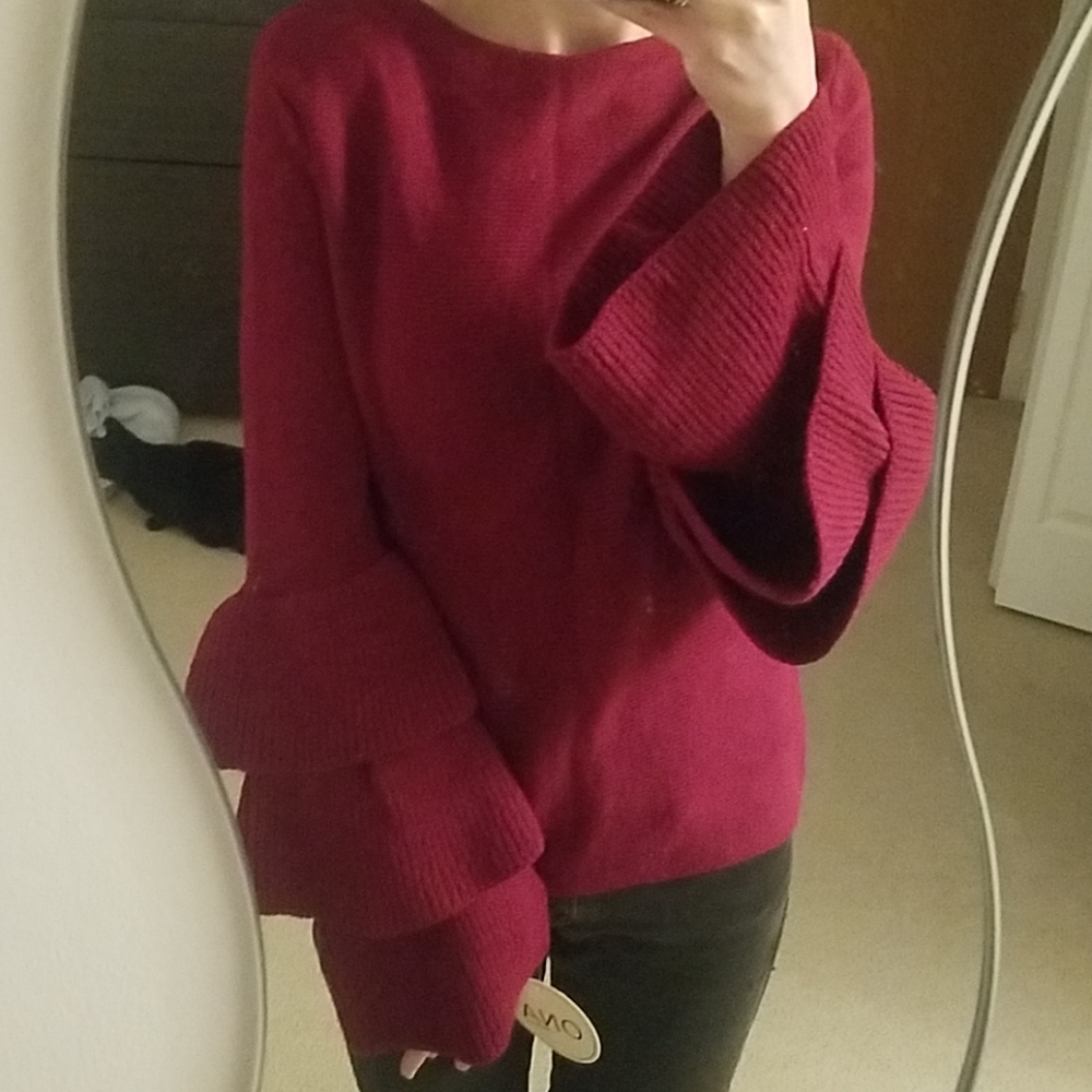 Cherry red sweater with puffy sleeves